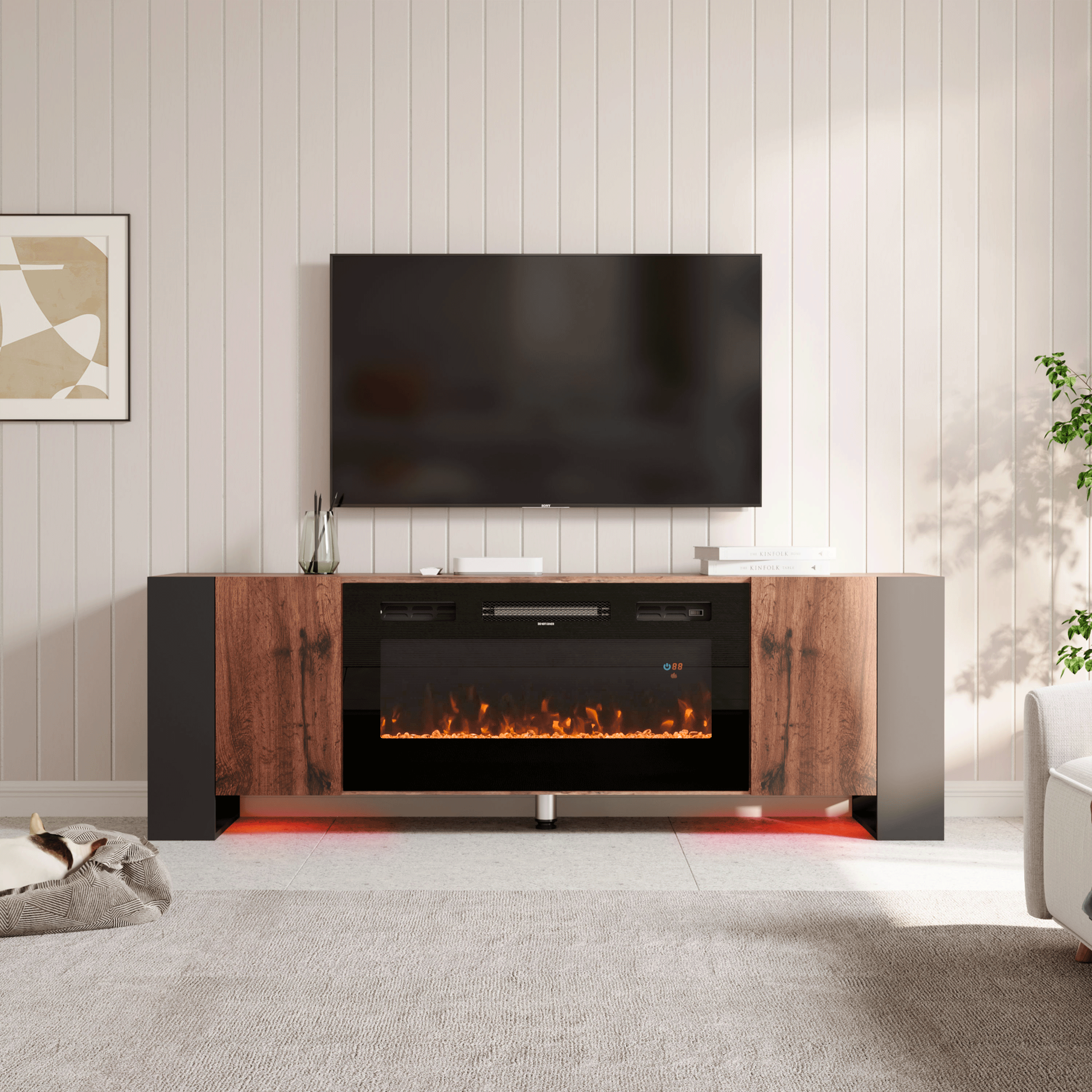 70inch W Wooden TV stand with Electric Fireplace and Storage