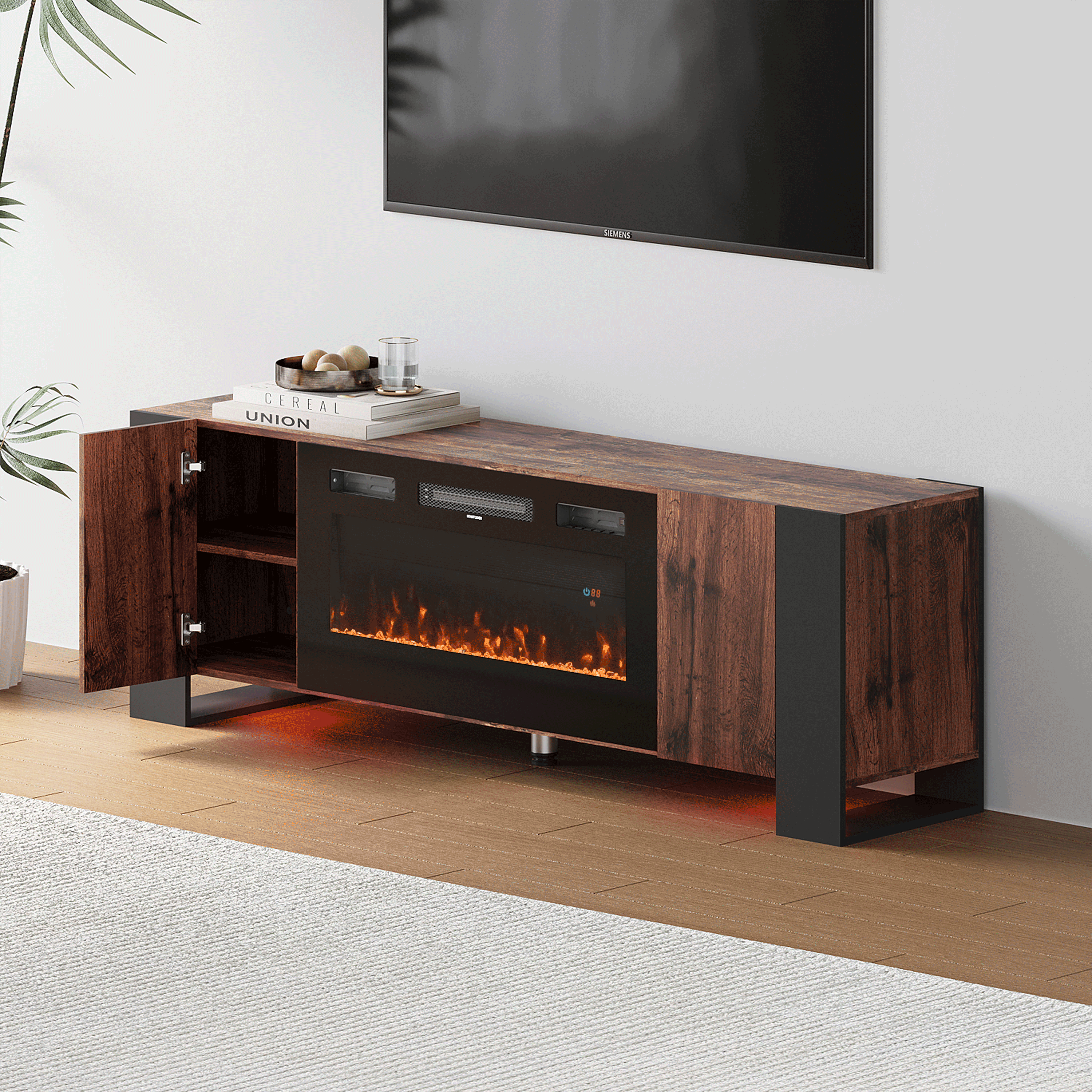 70inch W Wooden TV stand with Electric Fireplace and Storage