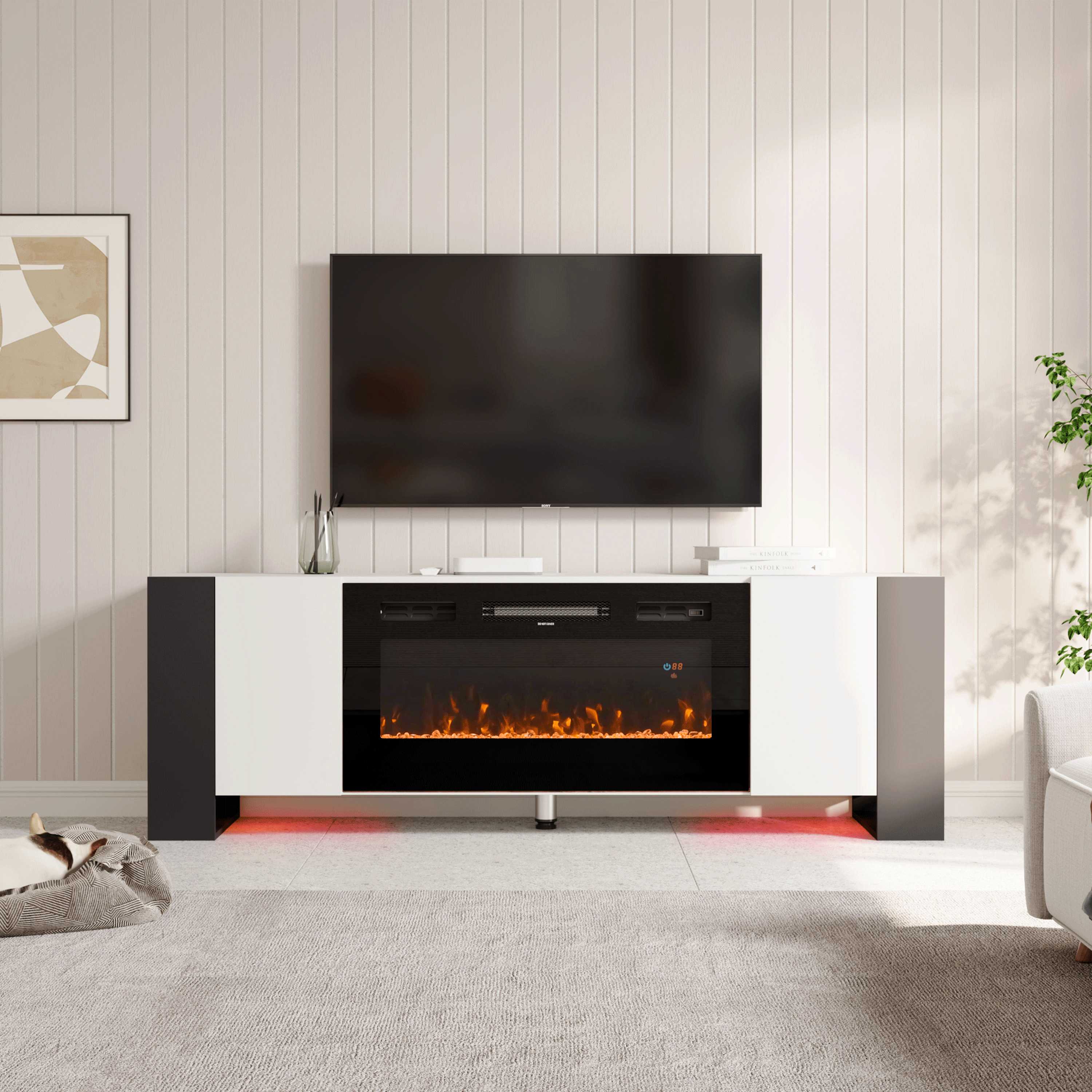 70inch W Wooden TV stand with Electric Fireplace and Storage