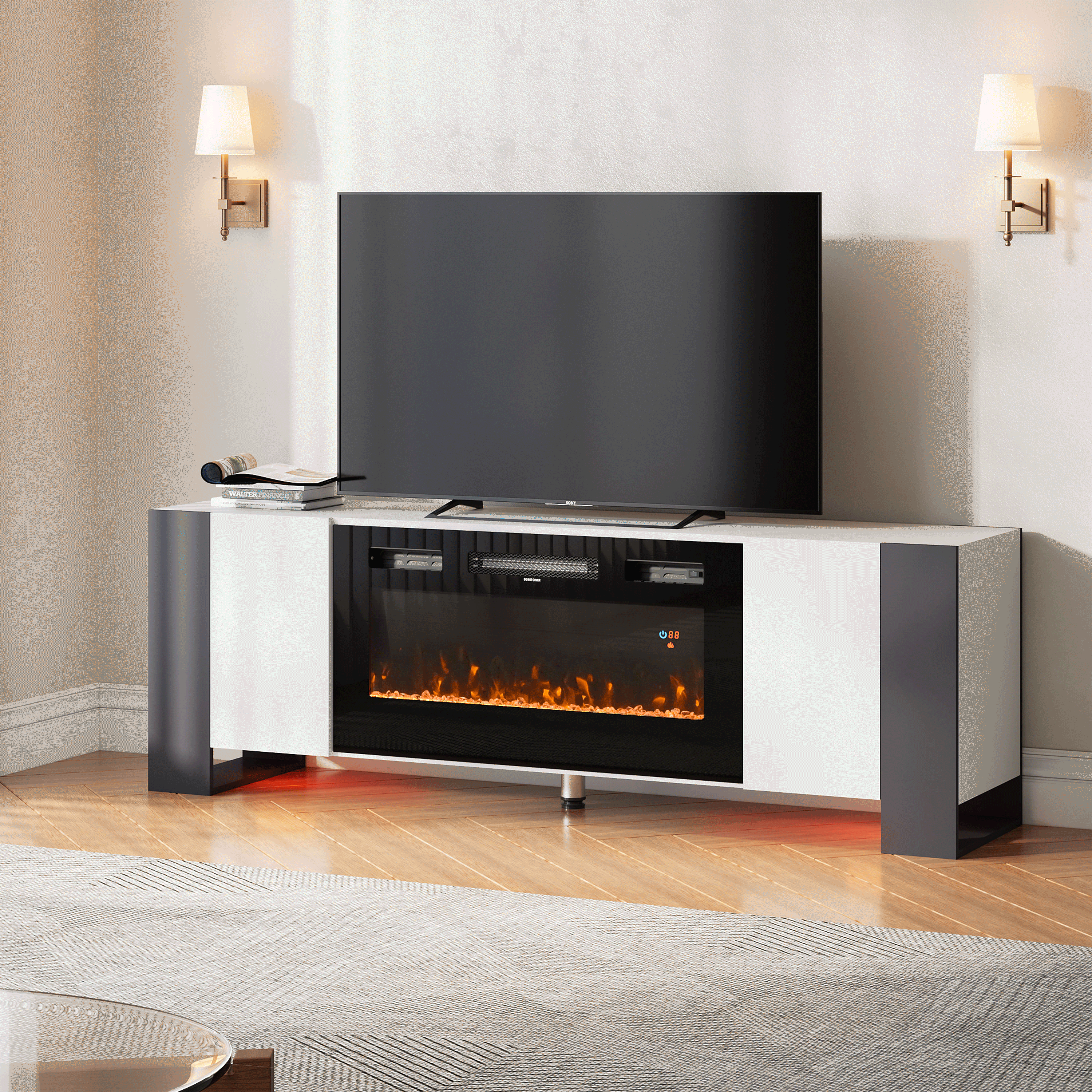 70inch W Wooden TV stand with Electric Fireplace and Storage