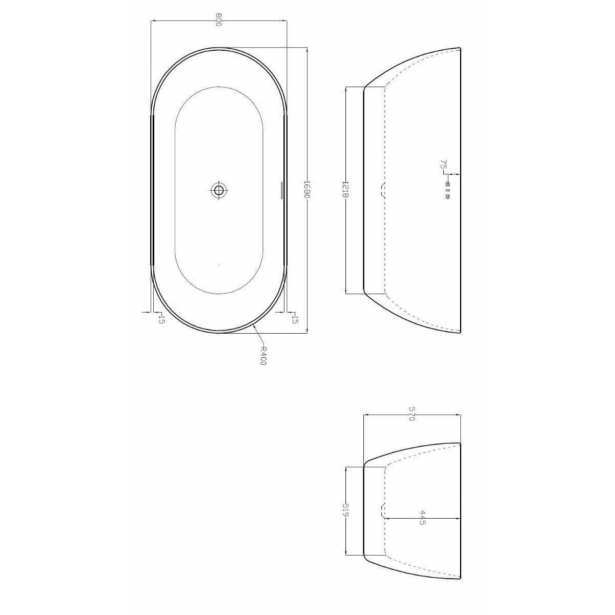 Black Freestanding Double Ended Bath 1680 x 800mm - Frontline | Summit