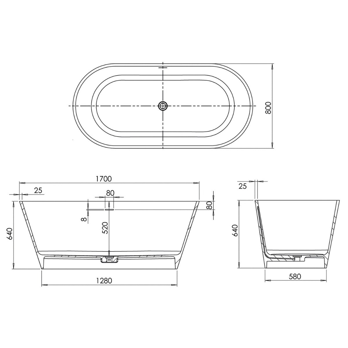 Black Freestanding Double Ended Stone Bath 1700mm x 800mm
