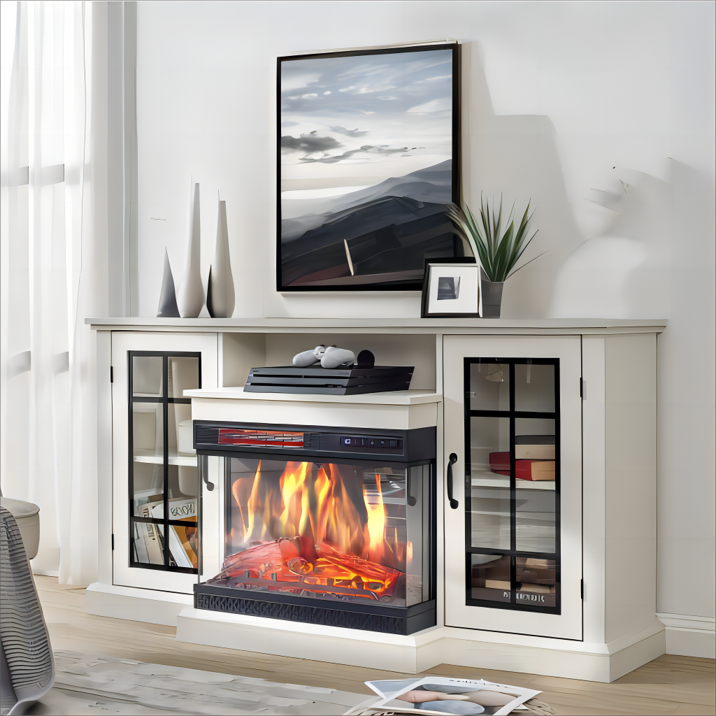Panoramic Glass Fireplace TV Stand with Storage Cabinets, Customizable Flames & Remote Control