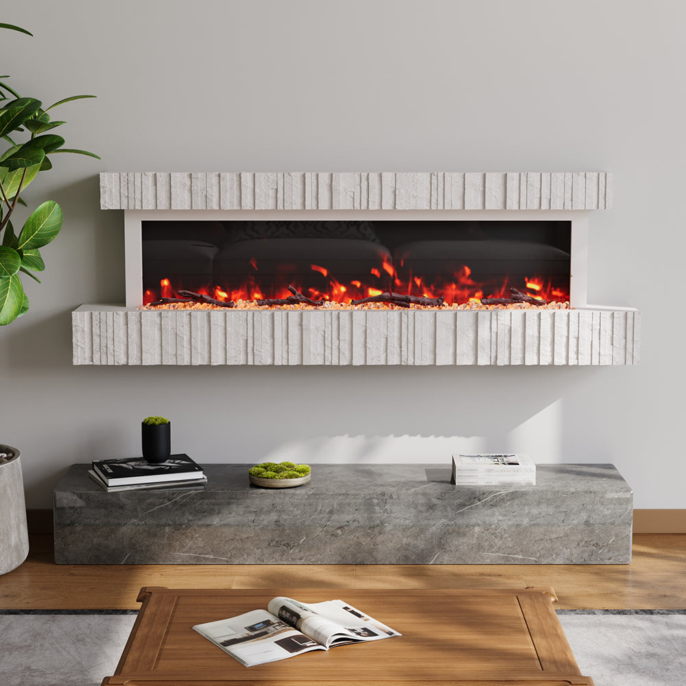 47/59 Inch Wall Mounted Electric Fireplace with Faux Stone Mantel, WiFi, Remote & LED Flames