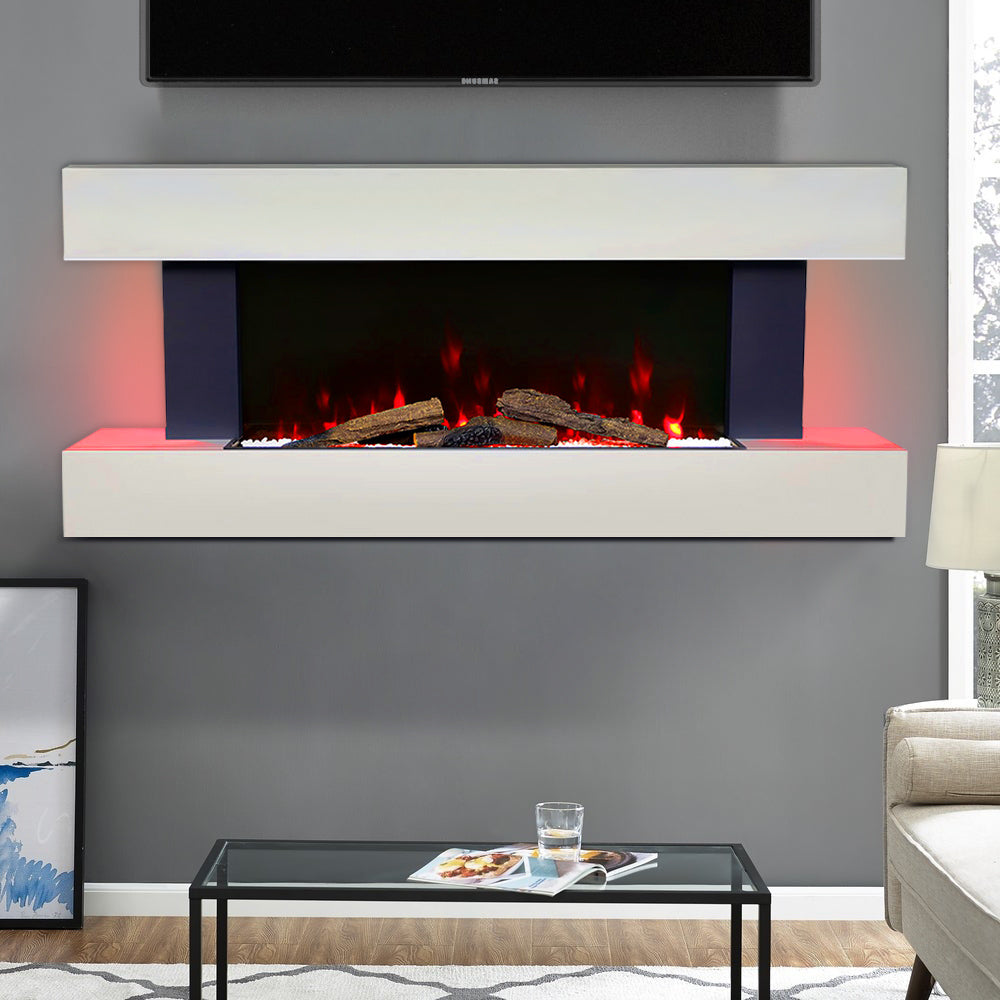White Mantel Wall Mounted Floating Electric Fireplace with Wifi-Enabled Function