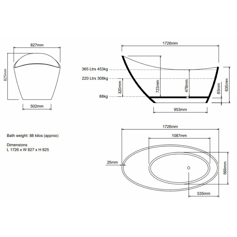 Freestanding Single Ended Slipper Bath 1726 x 827mm - Ashton and Bentley