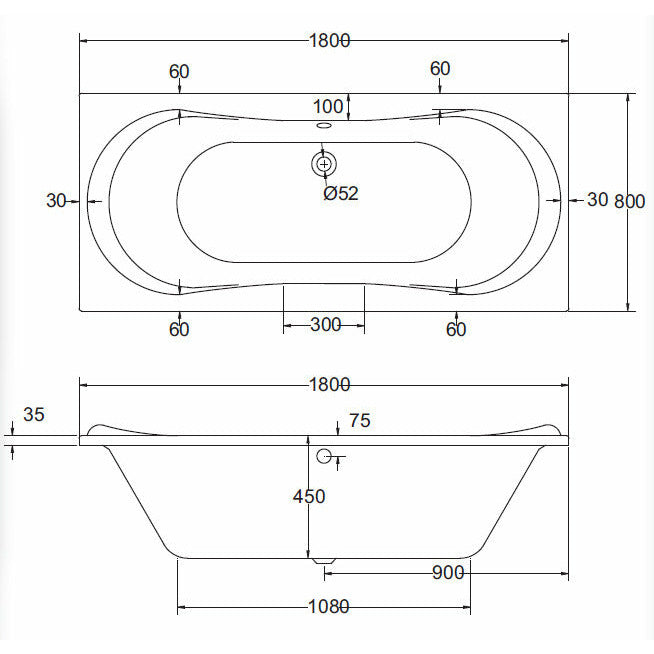 Large Double-Ended Straight Bath 1800 x 800mm - Comet
