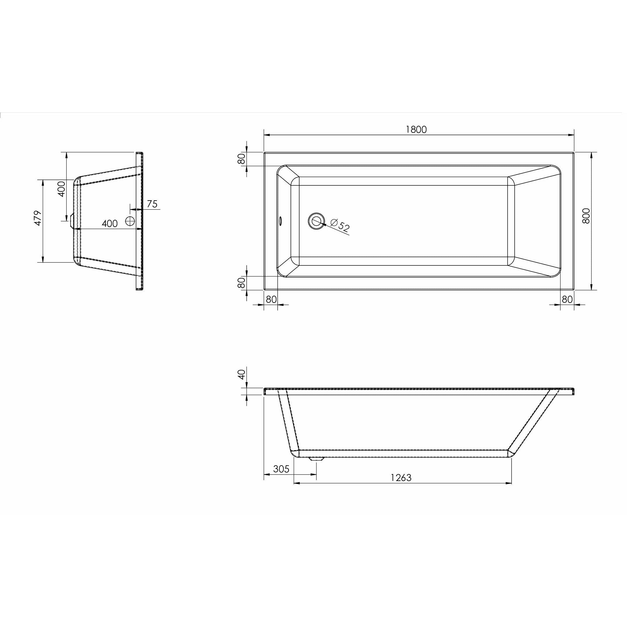 Large Single Ended Bathtub - 1800 x 800 | Saneux Stetson