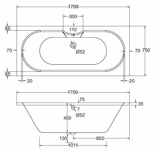 Round Double-Ended Straight Bath - 1700 x 750mm | Luna