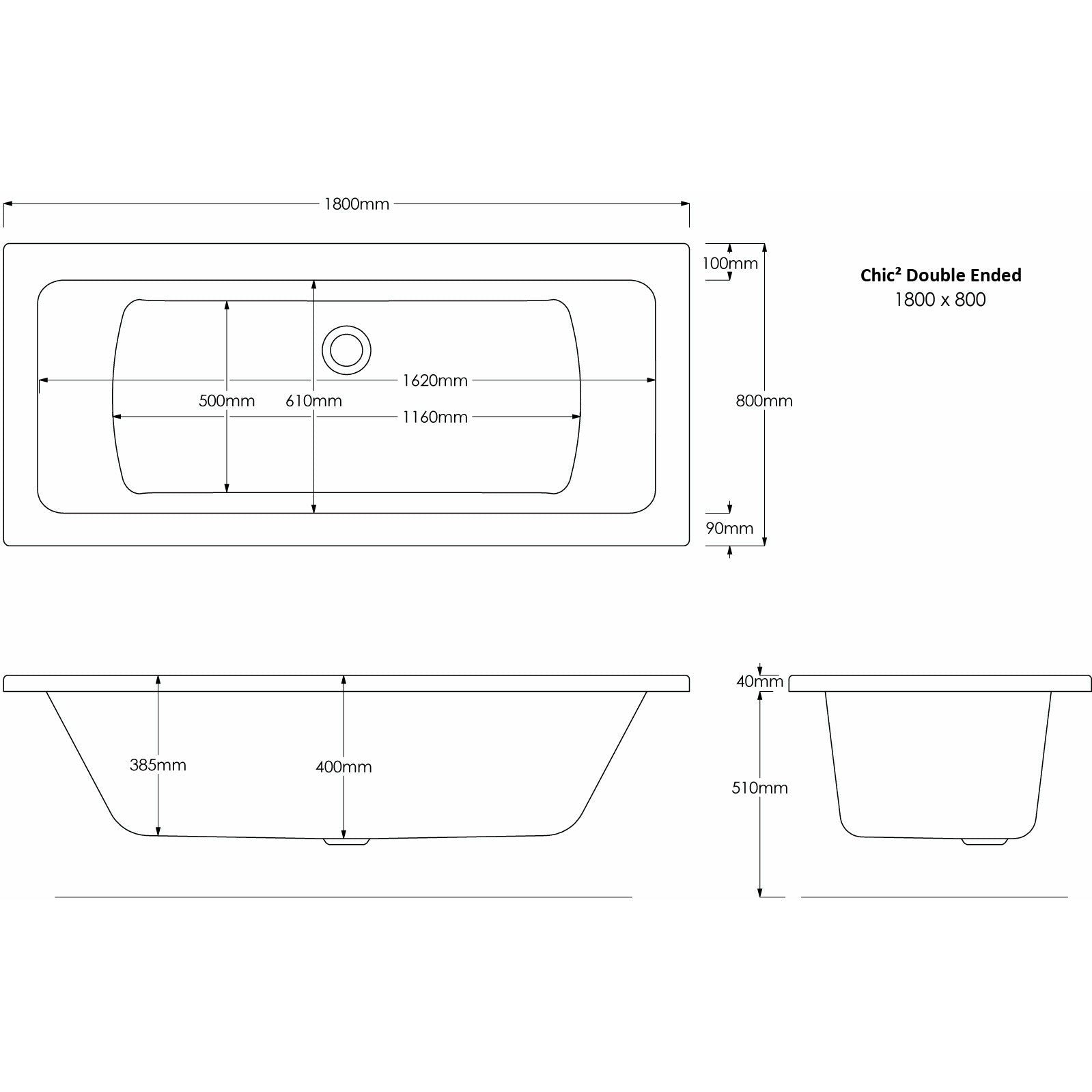 Square Double-Ended Straight Bath - Multi Sizes | Chic