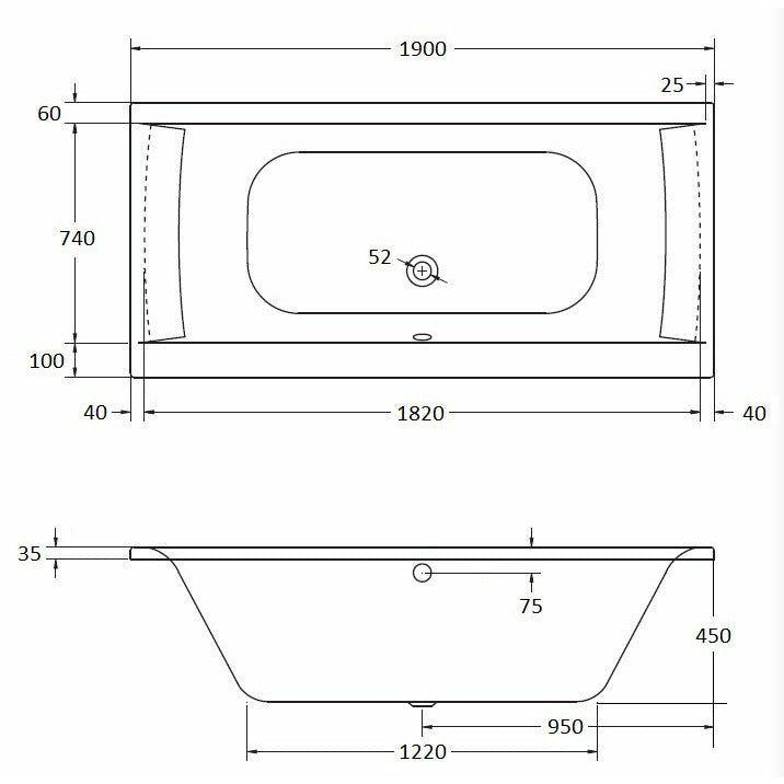 Square Double-Ended Straight Bath | Oporto